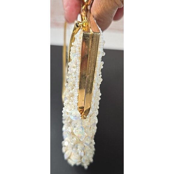 Beaded Clutch Purse Evening Bag Hand Made in Hong Kong MCM Sequin Ivory 7"x4.5" - Picture 8 of 9